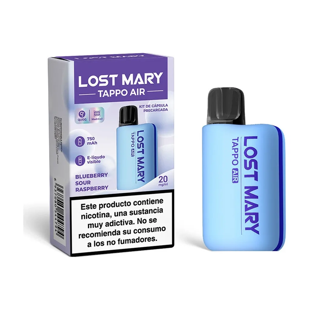 Lost Mary Tappo Air azul con boquilla negra junto a su caja Blueberry Sour Raspberry, con 20 mg/ml y advertencia de nicotina.