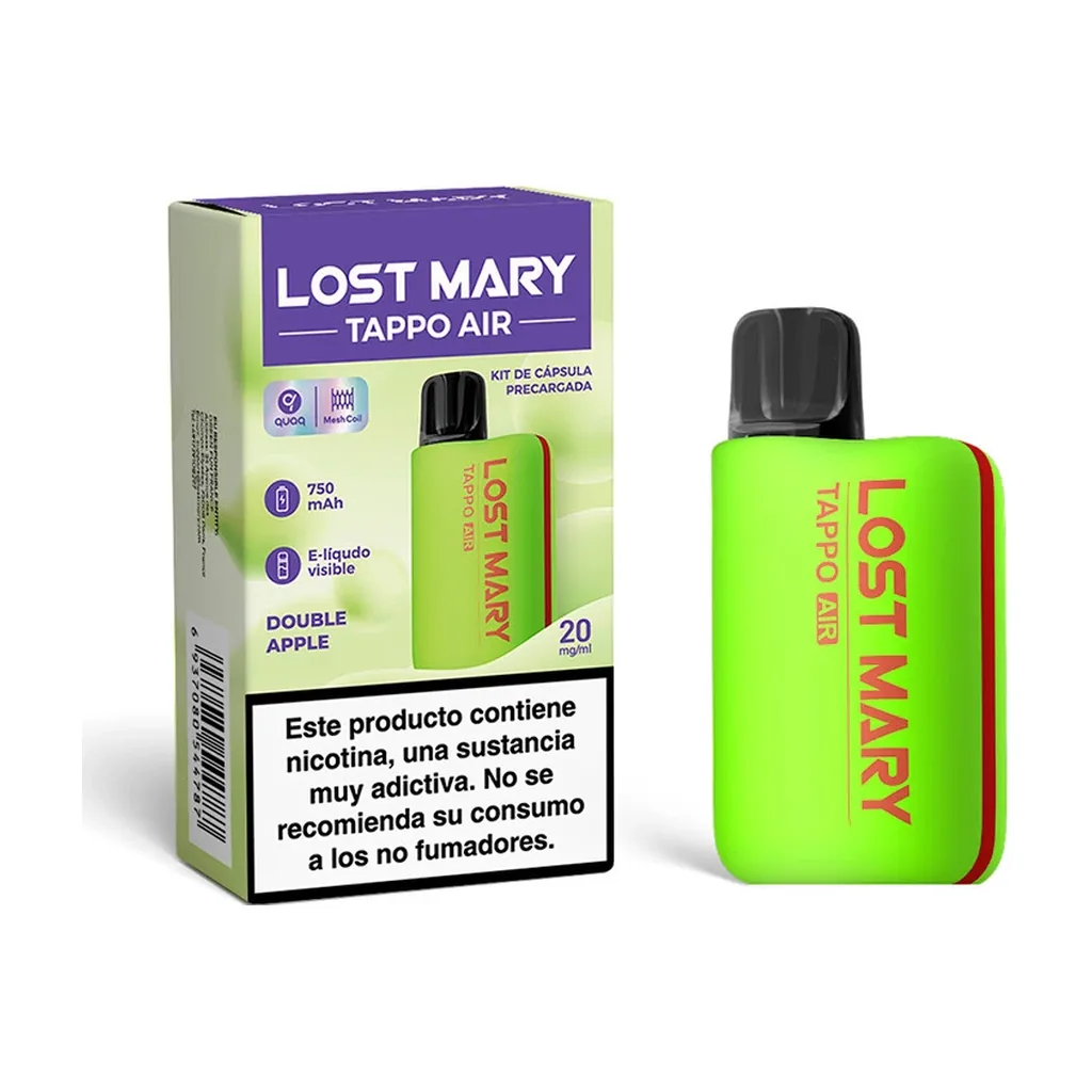 Kit Lost Mary Tappo Double Apple con dispositivo verde, boquilla negra y caja que muestra 750 mAh, 20 mg/ml y una advertencia sobre nicotina.