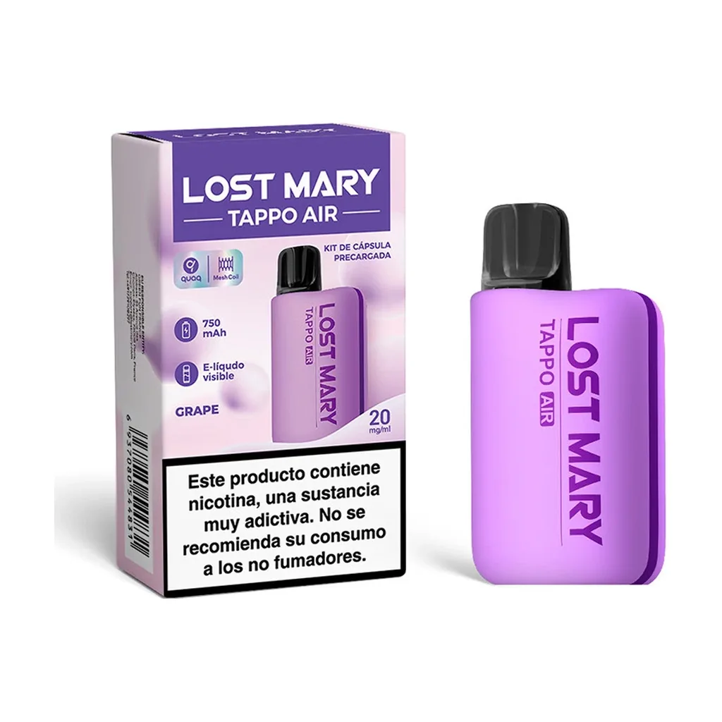 Kit Lost Mary Tappo Air Grape morado con boquilla negra junto a su caja, que indica 20 mg/ml y muestra una advertencia sobre nicotina.