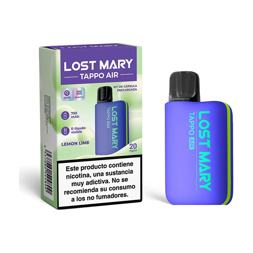 Dispositivo Lost Mary Tappo Air violeta y verde junto a su caja Lemon Lime, con indicaciones de 750 mAh y 20 mg/ml.
