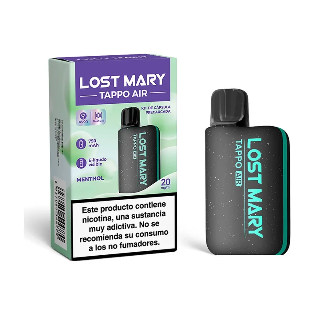 Tappo Lost Mary Kit Menthol con dispositivo negro de bordes turquesa y boquilla oscura junto a su caja, con advertencia sobre nicotina.