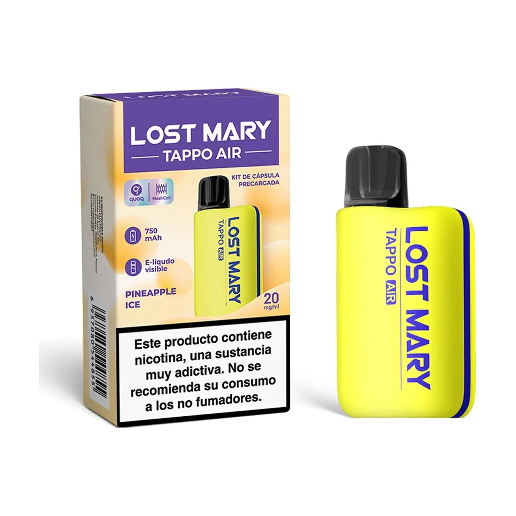 Lost Mary Tappo Air amarillo con boquilla negra junto a su caja Pineapple Ice, con indicación de 20 mg/ml y advertencia sobre nicotina.