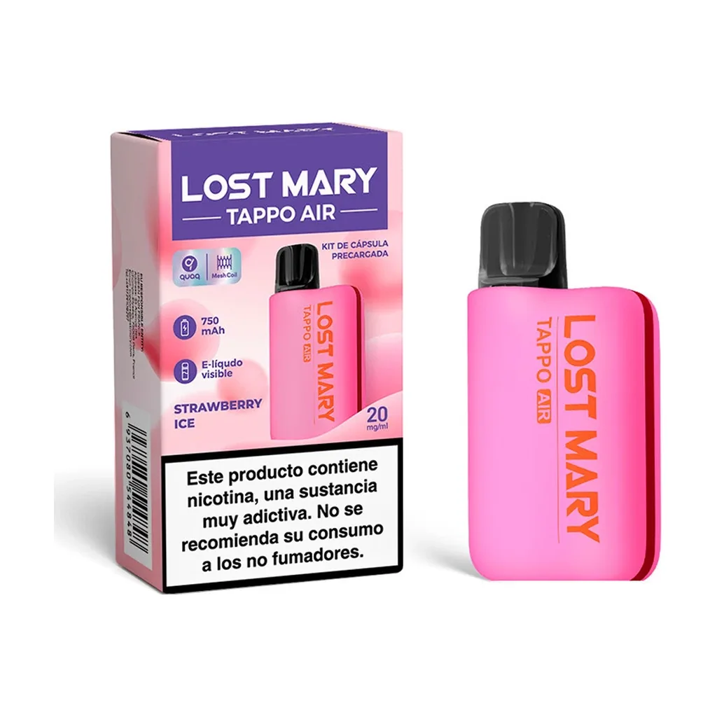Tappo Lost Mary Strawberry Ice rosa con boquilla negra junto a su caja, con indicaciones de 750 mAh y 20 mg/ml.