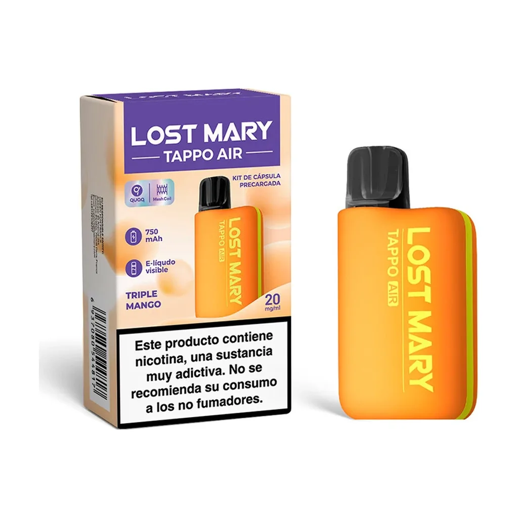 Kit Lost Mary Tappo Air Triple Mango: dispositivo naranja con boquilla negra junto a su caja, con indicación de 20 mg/ml.