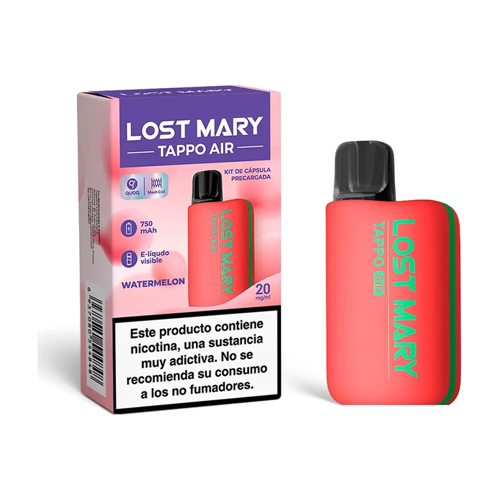 Kit Lost Mary Tappo Air Watermelon con dispositivo rojo, detalles verdes y boquilla negra junto a su caja con advertencia de nicotina.