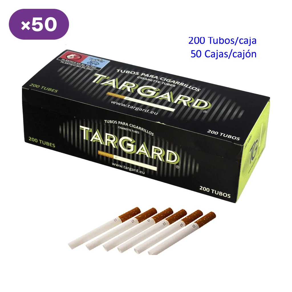 Caja negra y verde Tar Gard de 200 tubos para cigarrillos, con varios tubos delante y rótulos de 50 cajas por cajón.