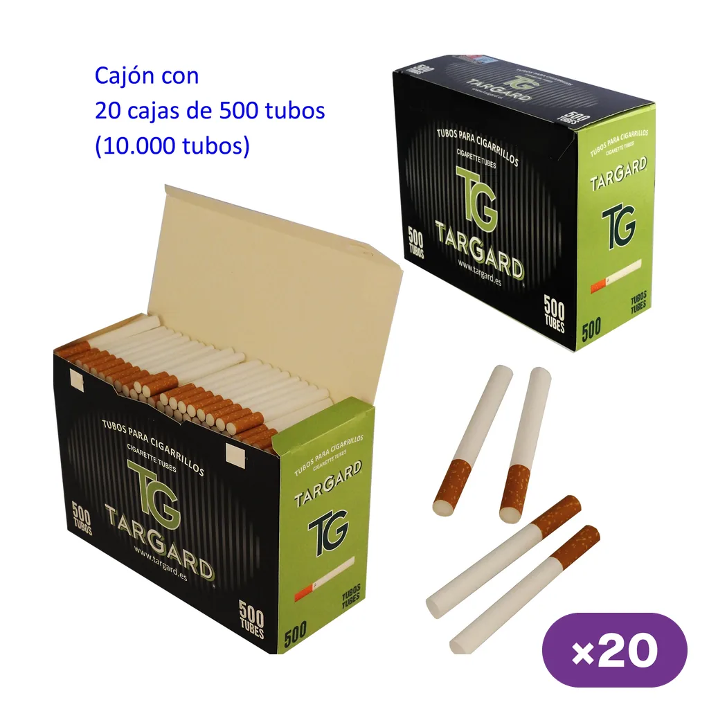 Tubos con filtro Tar Gard junto a un estuche abierto y otro cerrado; el texto indica 20 cajas de 500 tubos, 10.000 en total.