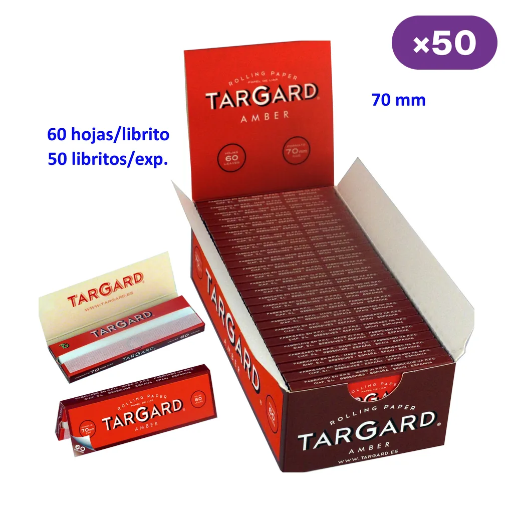 Expositor abierto de papel Tar Gard Amber con varios libritos rojos; los rótulos indican 70 mm, 60 hojas y 50 libritos.