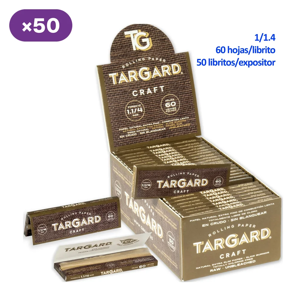 Expositor Tar Gard Craft con libritos cerrados y uno abierto; los textos indican formato 1 1/4, 60 hojas por librito y 50 libritos.