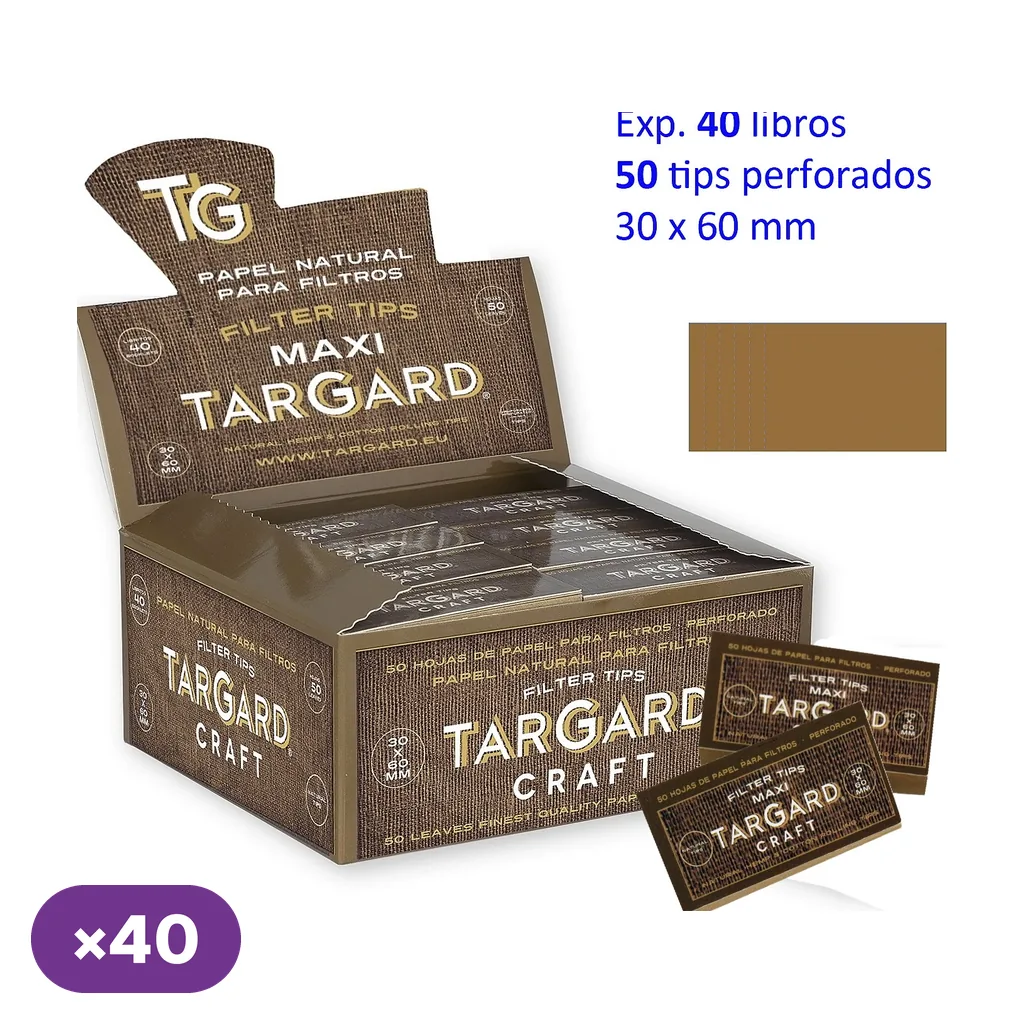Expositor abierto de tips Tar Gard Craft Maxi con libritos marrones; el texto indica 40 libritos de 50 tips perforados. Expositor abierto de tips Tar Gard Craft Maxi con libritos marrones; el texto indica 40 libritos de 50 tips perforados.