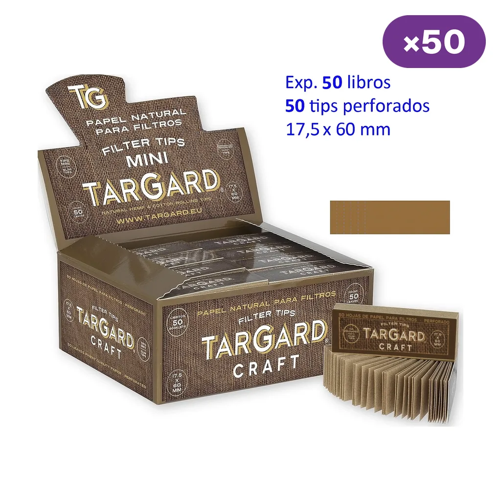 Expositor abierto de tips Tar Gard Craft con varios libritos y uno desplegado delante; el texto indica 50 libros y 50 tips perforados. Expositor abierto de tips Tar Gard Craft con varios libritos y uno desplegado delante; el texto indica 50 libros y 50 tips perforados.