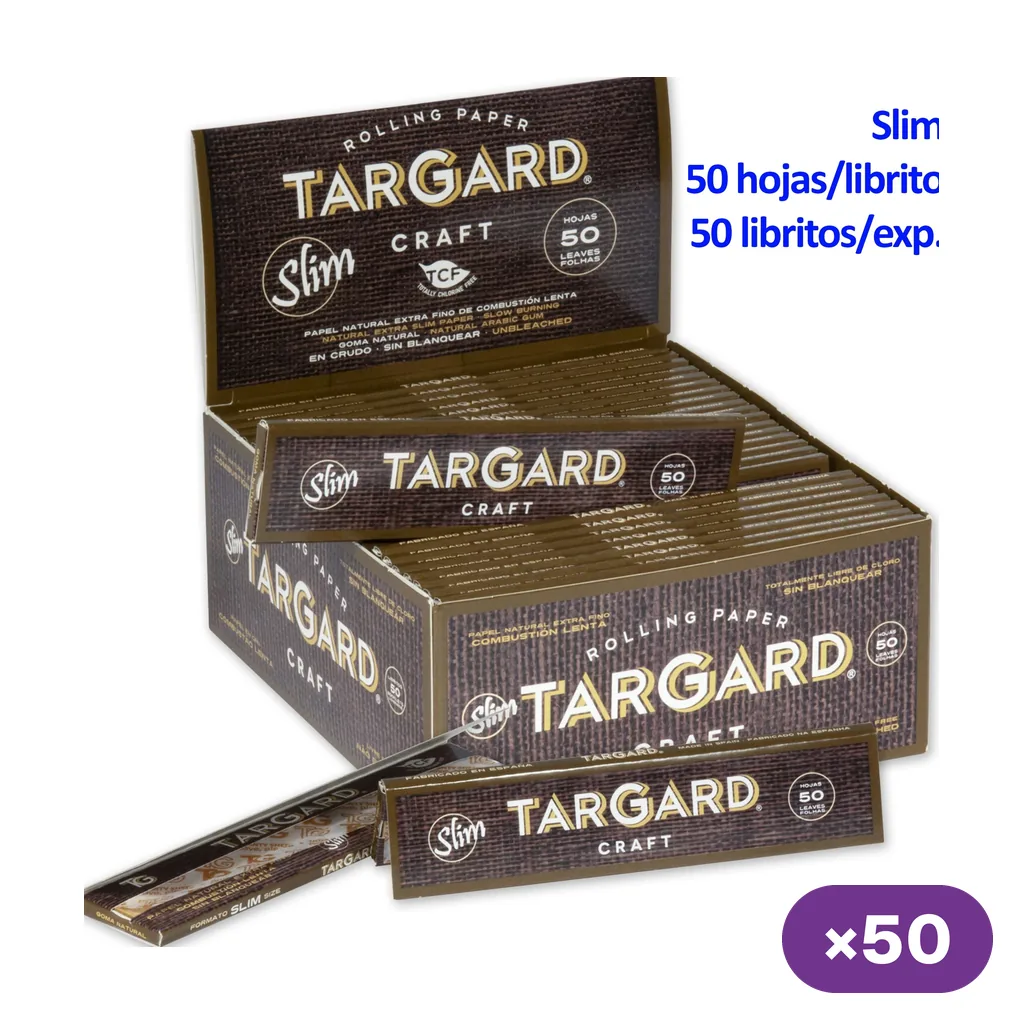 Expositor abierto de papel de liar Tar Gard Craft Slim con varios libritos marrones; el texto indica 50 hojas por librito y 50 libritos por caja.