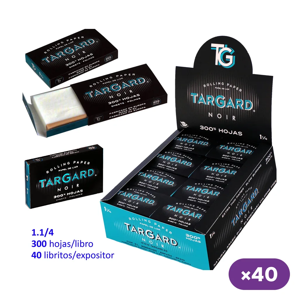 Expositor negro y turquesa de papel Tar Gard Noir con varios libritos, uno abierto; indica 300 hojas por libro y 40 libritos.