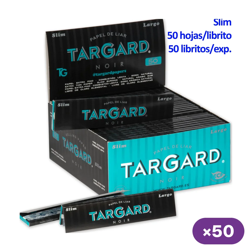 Caja expositora de papel Tar Gard Noir Slim con libritos negros y turquesa; el texto indica 50 hojas por librito y 50 libritos por caja.