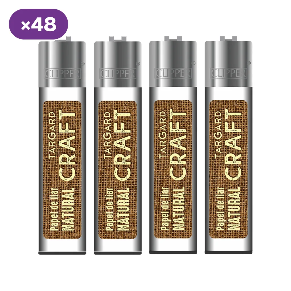 Encendedores Clipper Tar Gard Craft con cuerpo plateado y etiquetas marrones con texto «Papel de liar natural», junto al distintivo de 48 unidades.