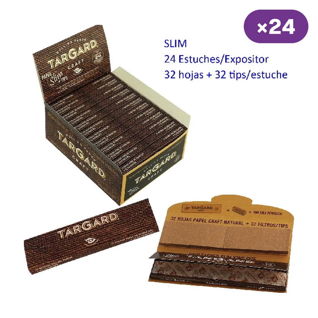 Expositor Tar Gard Craft Slim junto a un estuche cerrado y otro abierto; el texto indica 24 estuches con 32 hojas y 32 tips cada uno. Expositor Tar Gard Craft Slim junto a un estuche cerrado y otro abierto; el texto indica 24 estuches con 32 hojas y 32 tips cada uno.