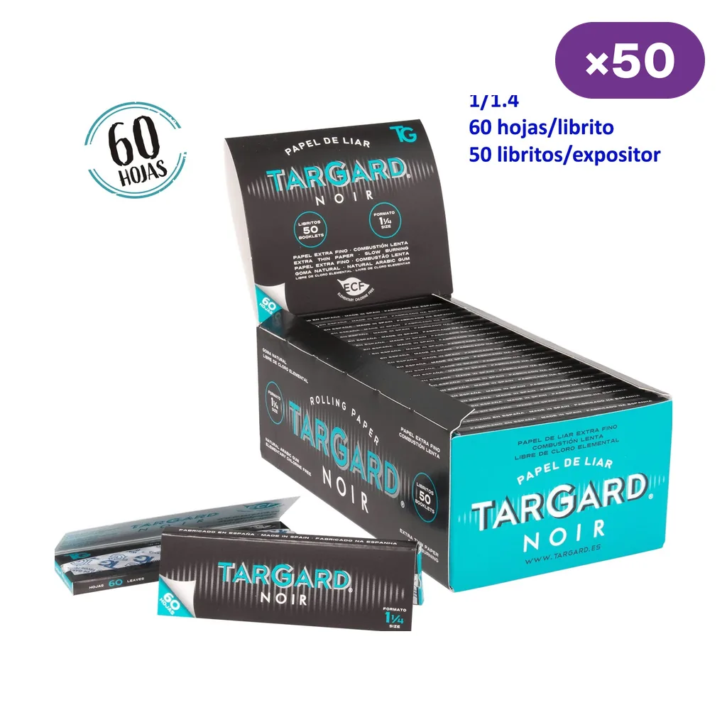 Expositor de papel TarGard Noir negro y turquesa con varios libritos; se indican formato 1 1/4, 60 hojas por librito y 50 por expositor.