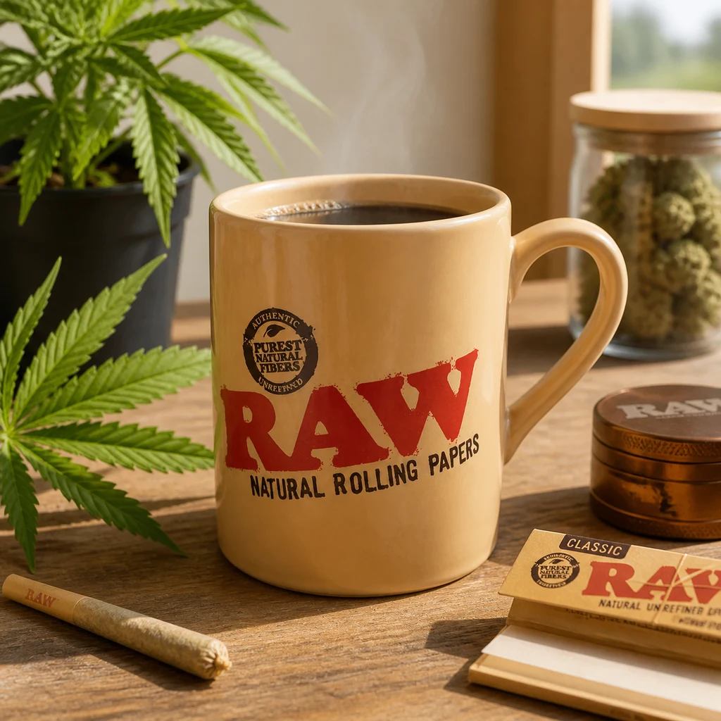 Taza marrón claro con logotipo RAW y bebida oscura sobre una mesa, junto a papeles de liar, un cigarrillo liado y un grinder.
