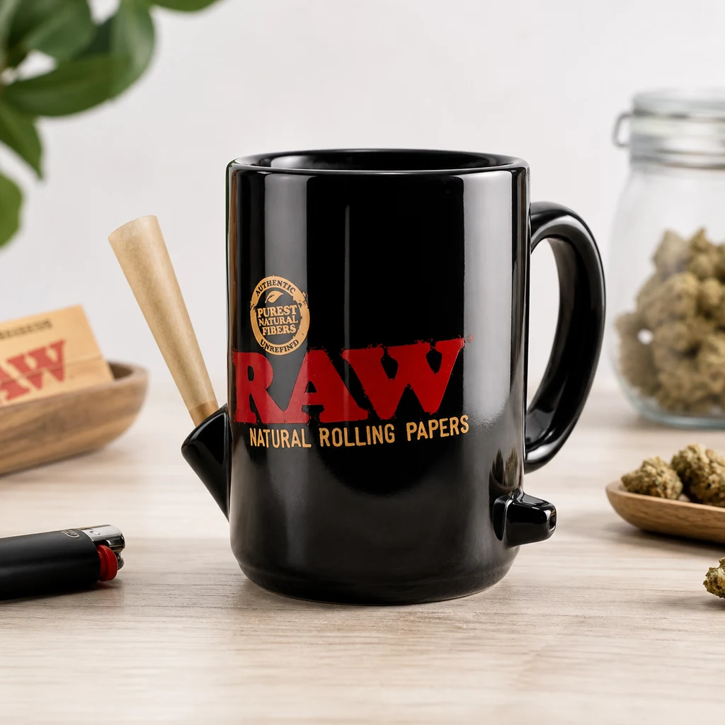 Taza negra RAW Wake and Bake con asa y soporte lateral con un cono, sobre una mesa junto a un mechero y un tarro con cogollos.