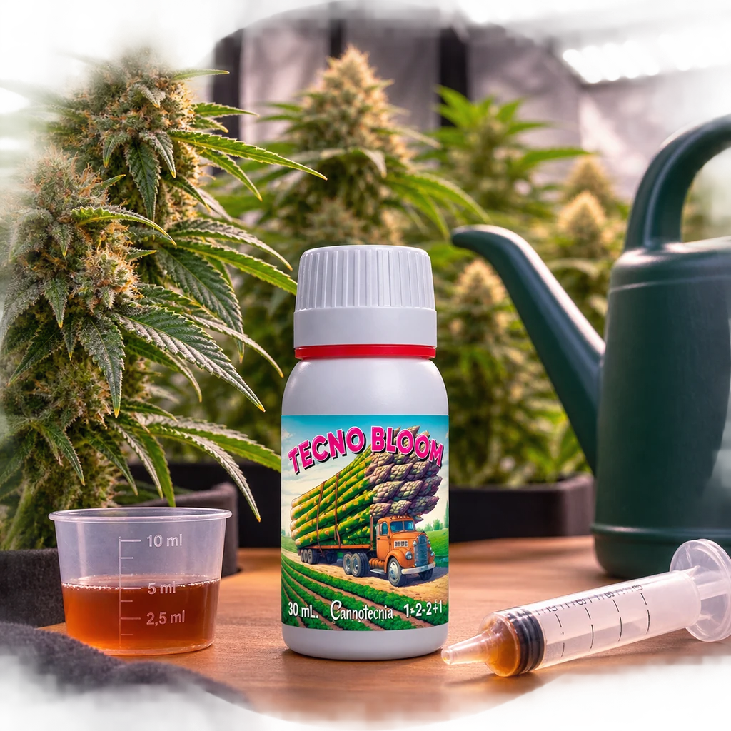 Frasco de Tecno Bloom Cannotecnia con vaso dosificador y jeringa sobre una mesa, ante plantas de cannabis y una regadera.