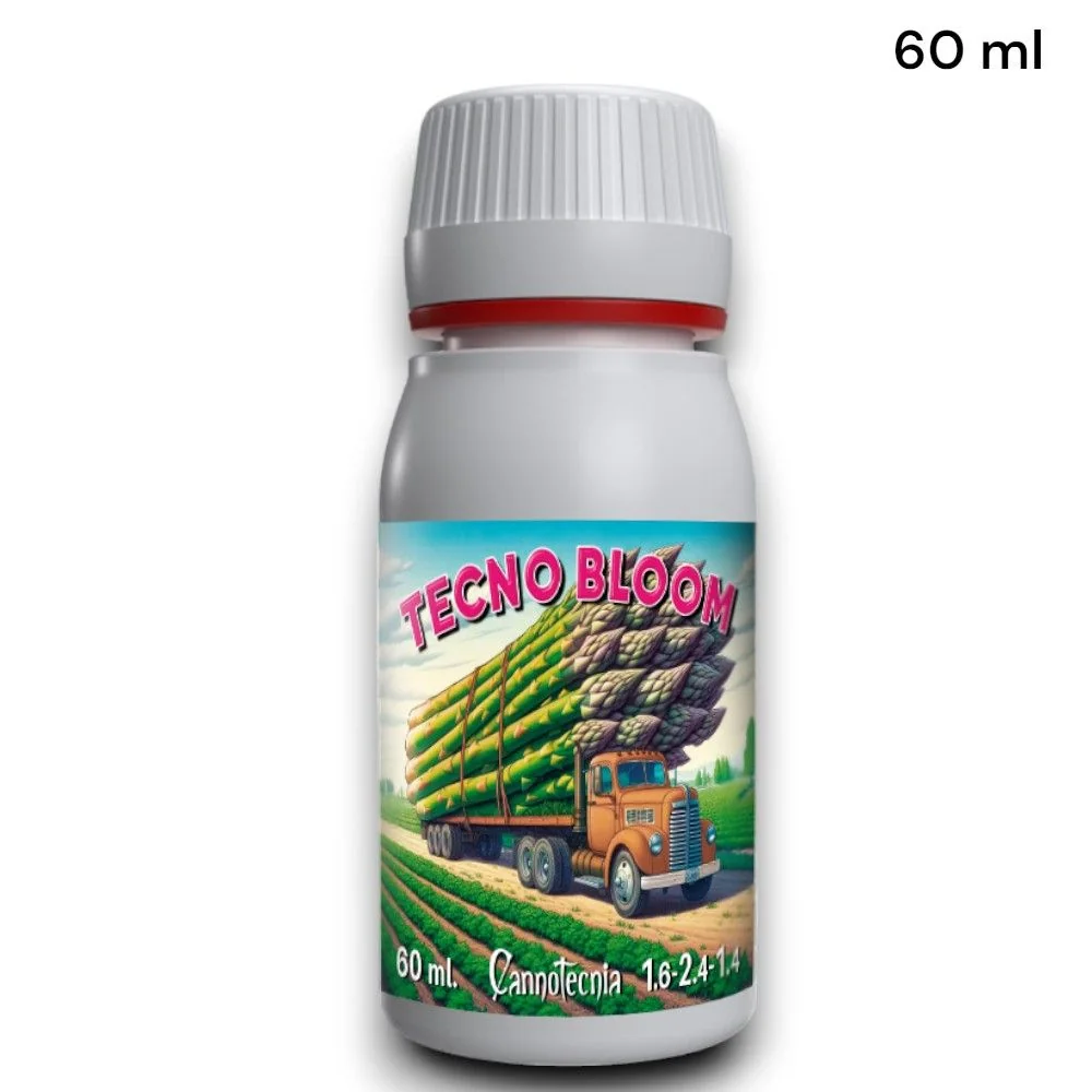 Bote de Tecno Bloom Cannotecnia con tapón blanco y etiqueta ilustrada con un camión cargado de vegetales; texto «60 ml» en la esquina.