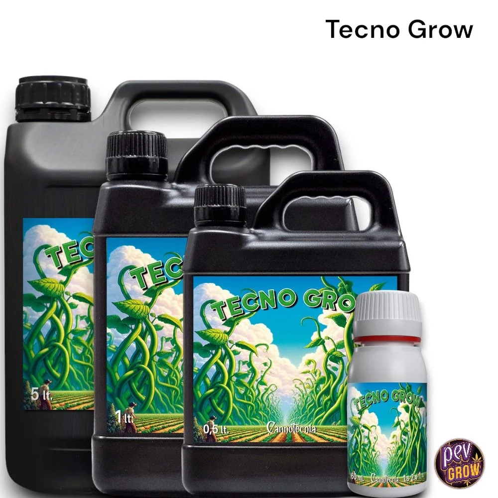 Selección de formatos de Tecno Grow Cannotecnia: garrafas negras con asa y frasco blanco, con etiquetas de plantas verdes sobre fondo azul.