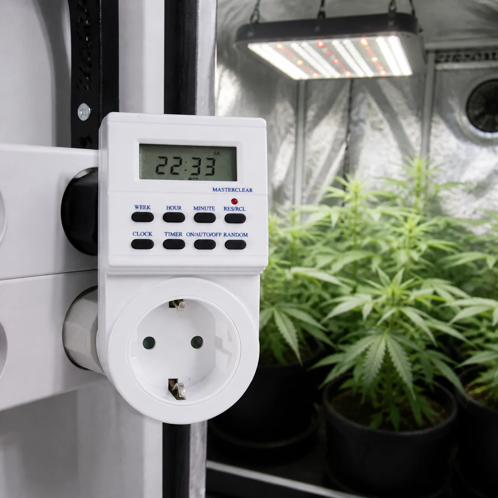 Temporizador digital blanco enchufado, con pantalla que marca 22:33 y toma frontal, junto a plantas bajo un panel LED en un armario de cultivo. Temporizador digital blanco enchufado, con pantalla que marca 22:33 y toma frontal, junto a plantas bajo un panel LED en un armario de cultivo.
