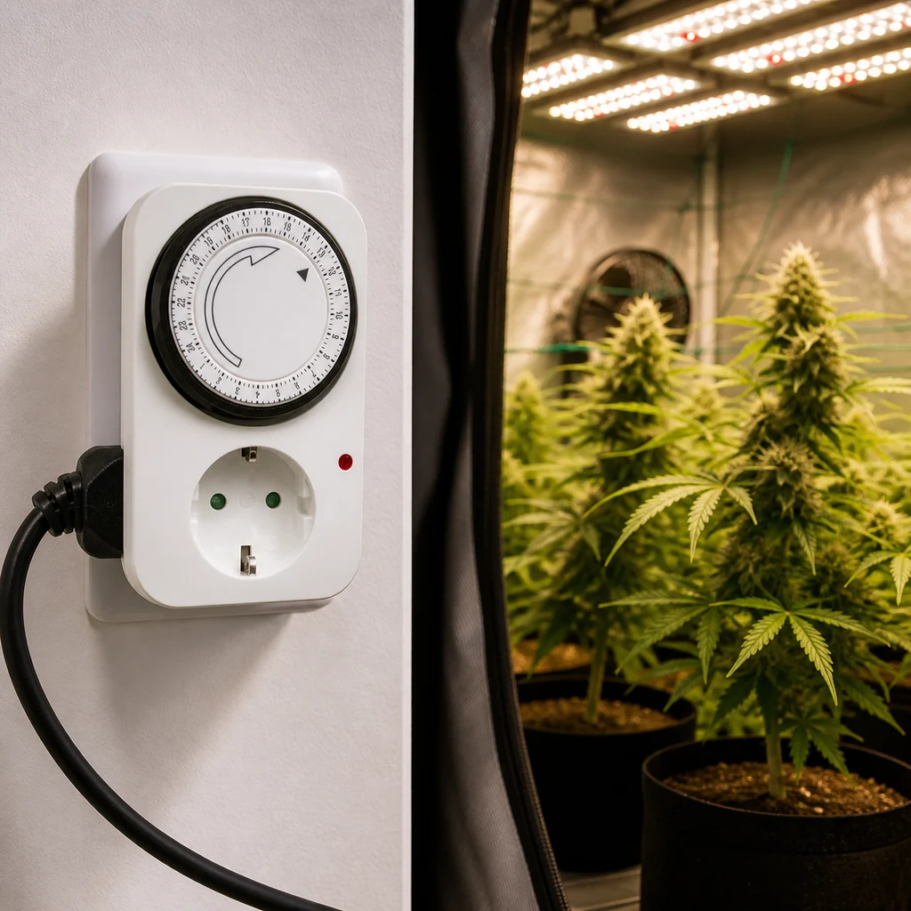 Temporizador mecánico Cornwall blanco con dial circular y toma frontal, junto a un armario con plantas y luces de cultivo. Temporizador mecánico Cornwall blanco con dial circular y toma frontal, junto a un armario con plantas y luces de cultivo.