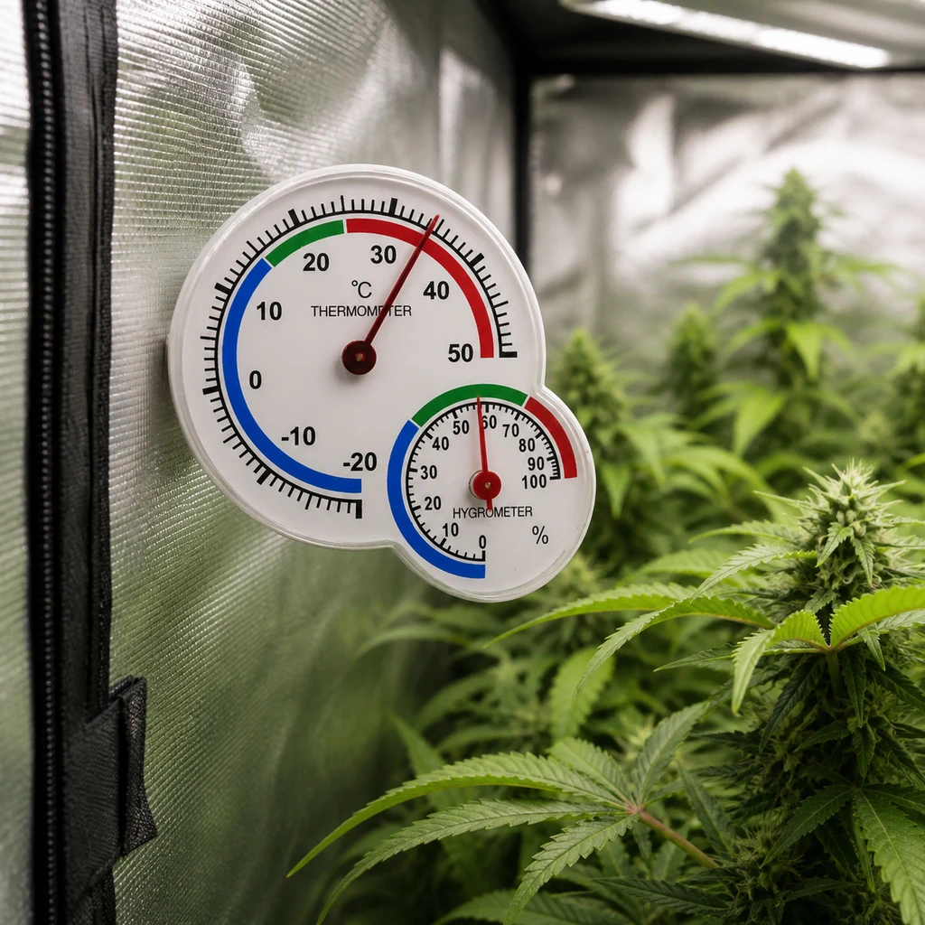 Termohigrómetro analógico de dos esferas con escalas de colores, colocado en la pared reflectante de un armario con plantas de cannabis. Termohigrómetro analógico de dos esferas con escalas de colores, colocado en la pared reflectante de un armario con plantas de cannabis.