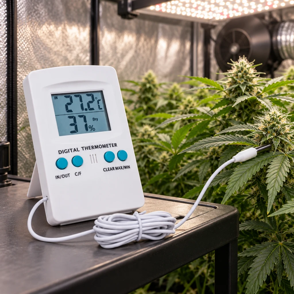 Termohigrómetro digital blanco con sonda por cable y pantalla de 27,2 °C y 37 % junto a plantas bajo un panel de luz.