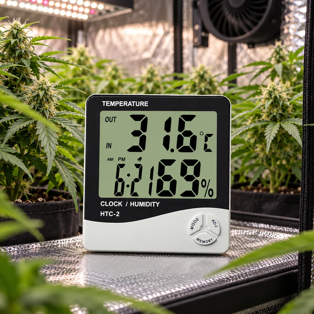 Higrómetro digital Min-Max Essentials con pantalla de temperatura y humedad, entre plantas de cannabis en un armario de cultivo.