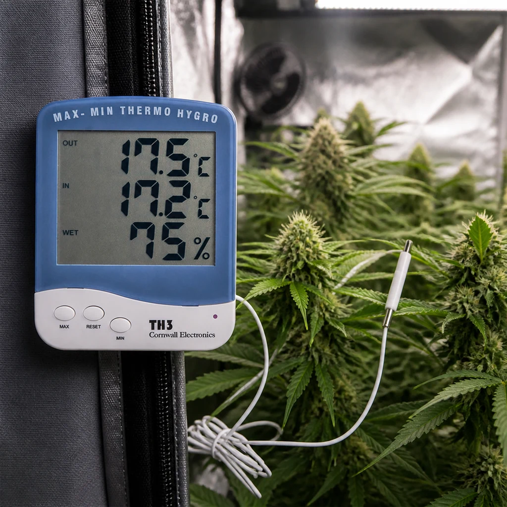 Termohigrómetro Cornwall TH3 con sonda entre plantas; la pantalla muestra 17,5 °C, 17,2 °C y 75 % de humedad.