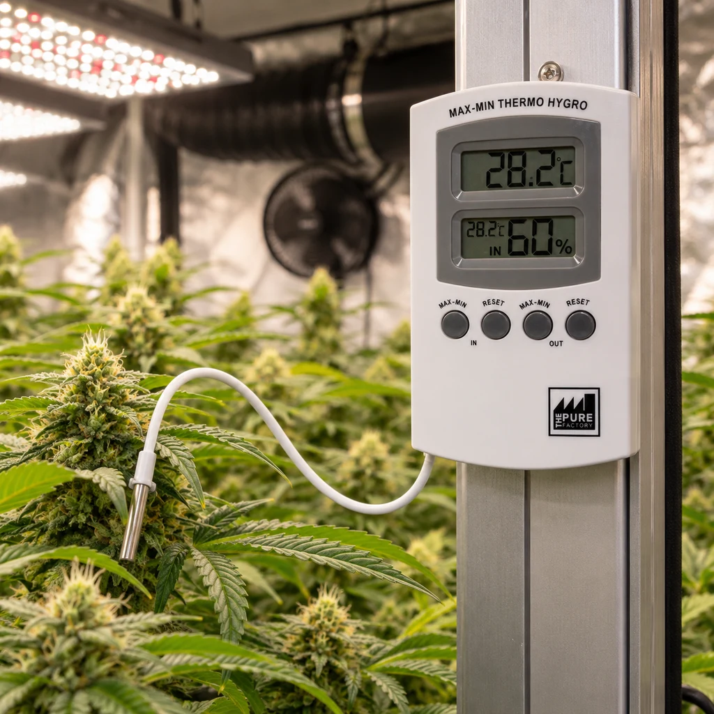 Escena generada de un termohigrómetro Pure Factory con sonda entre plantas de cannabis; las pantallas muestran 28,2 °C y 60 %. Escena generada de un termohigrómetro Pure Factory con sonda entre plantas de cannabis; las pantallas muestran 28,2 °C y 60 %.