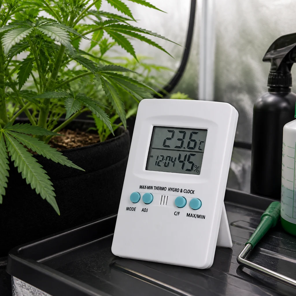 Termohigrómetro digital Cornwall Min/Max blanco con botones turquesa; pantalla con 23,6 °C y 45 % de humedad, junto a una planta.