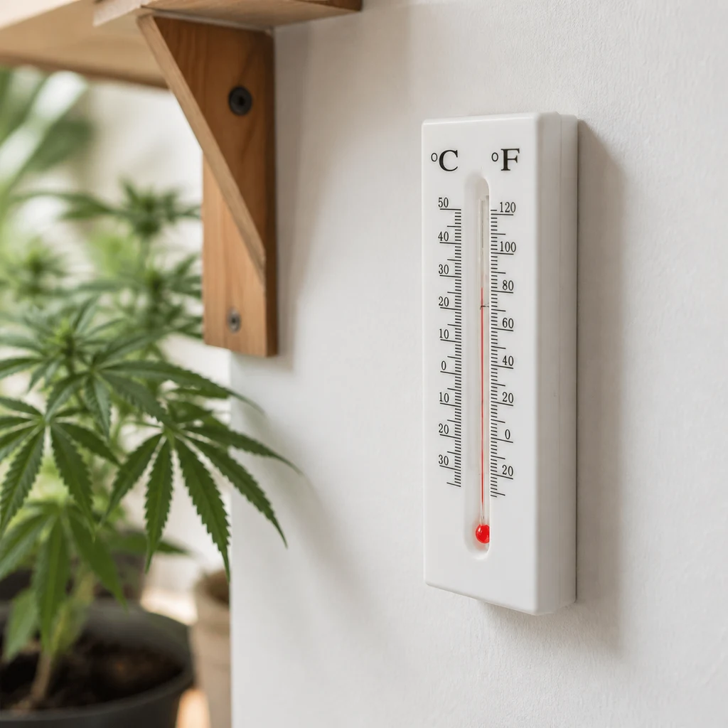 Termómetro blanco fijado a una pared, con escalas en grados Celsius y Fahrenheit y columna roja, junto a una planta.
