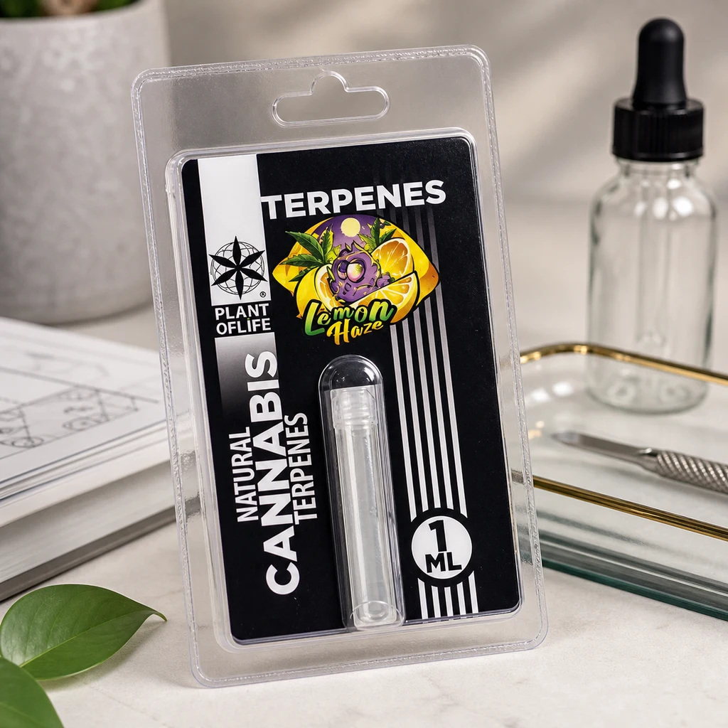Blíster de terpenos Lemon Haze de Plant of Life, rotulado 1 ml, con un vial transparente junto a un frasco con cuentagotas y una bandeja.