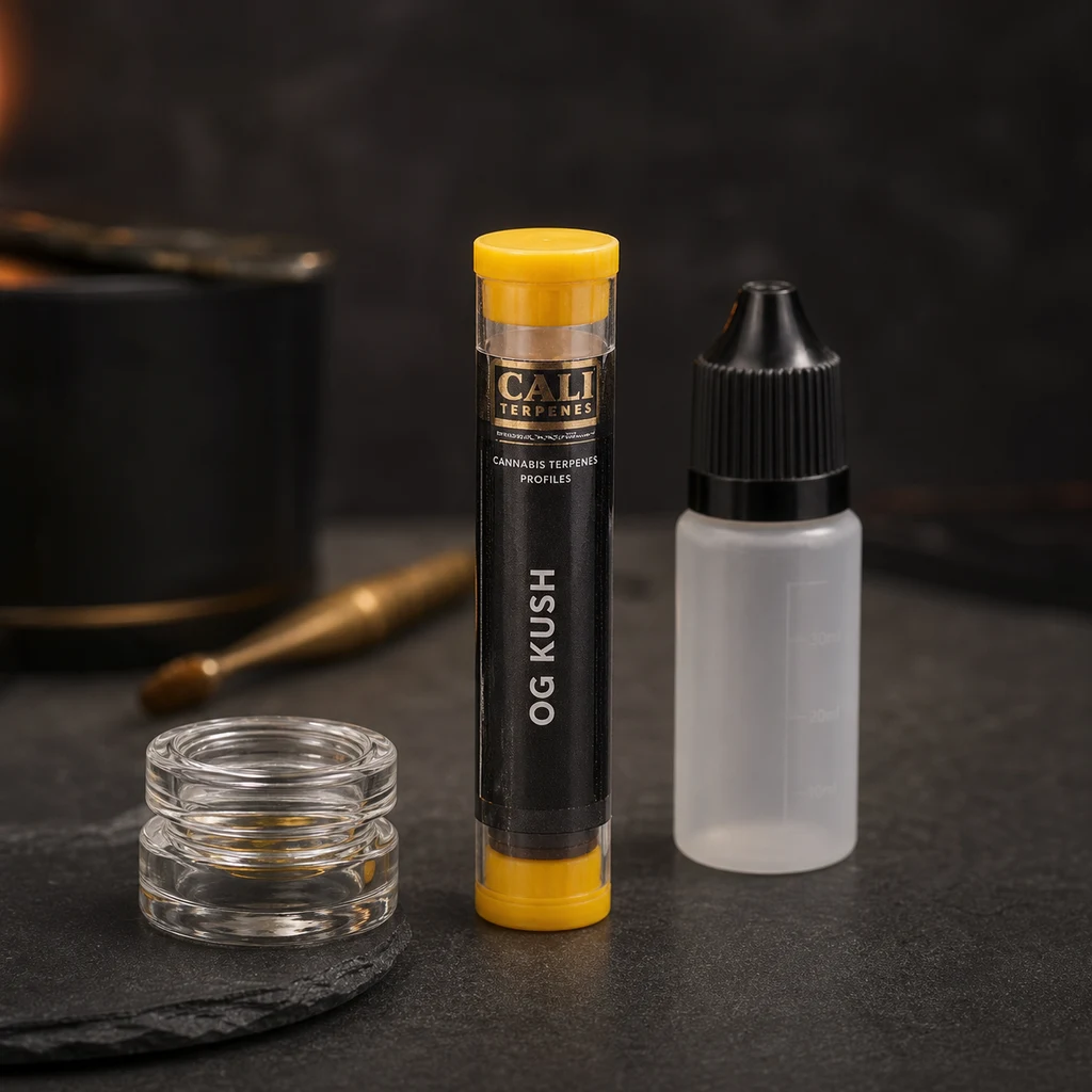 Tubo Cali Terpenes con extremos amarillos y etiqueta OG Kush, junto a un frasco de boquilla negra y un recipiente transparente abierto. Tubo Cali Terpenes con extremos amarillos y etiqueta OG Kush, junto a un frasco de boquilla negra y un recipiente transparente abierto.