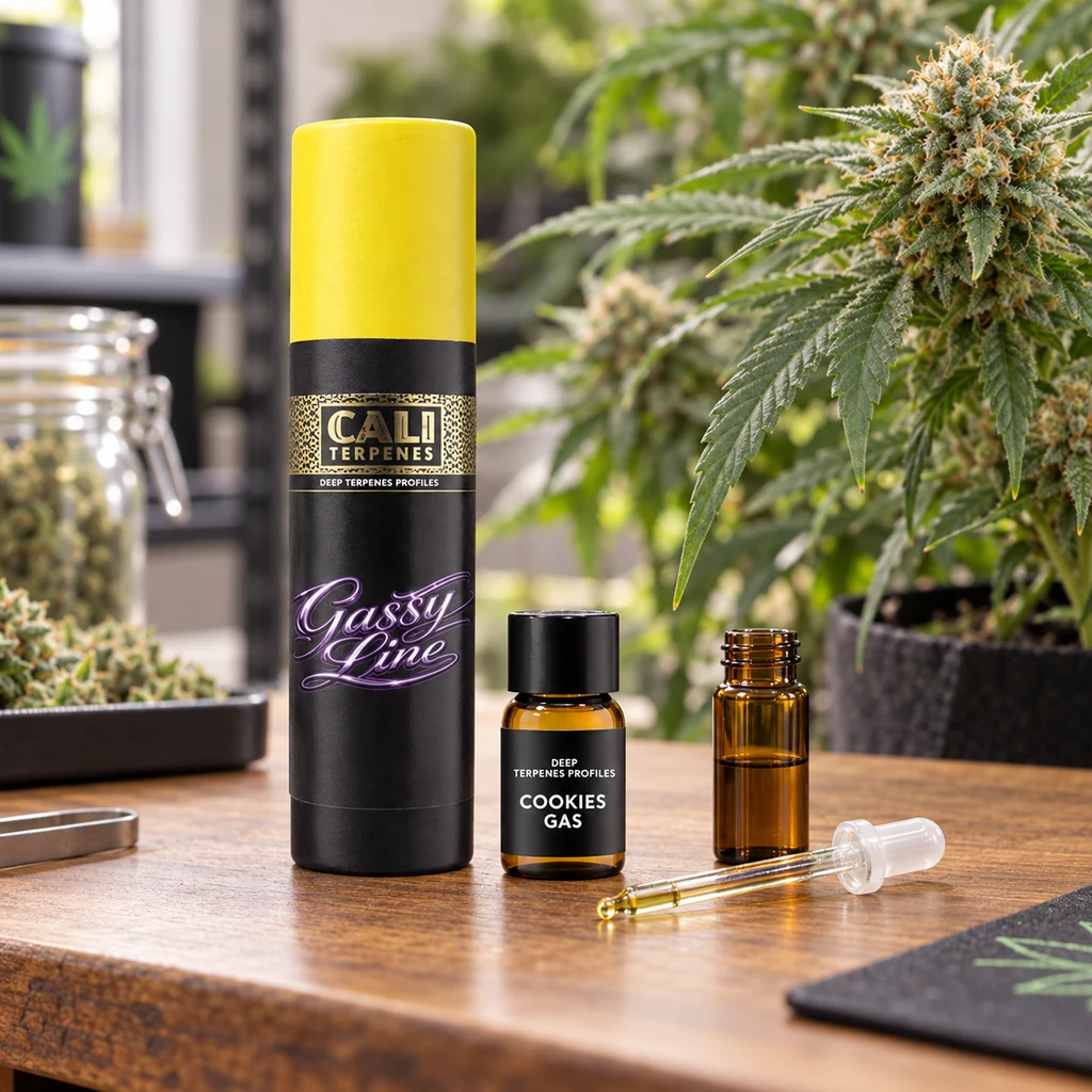 Frasco de terpenos Cookies Gas junto a un envase cilíndrico negro y amarillo, un vial abierto y un cuentagotas, con cannabis al fondo.