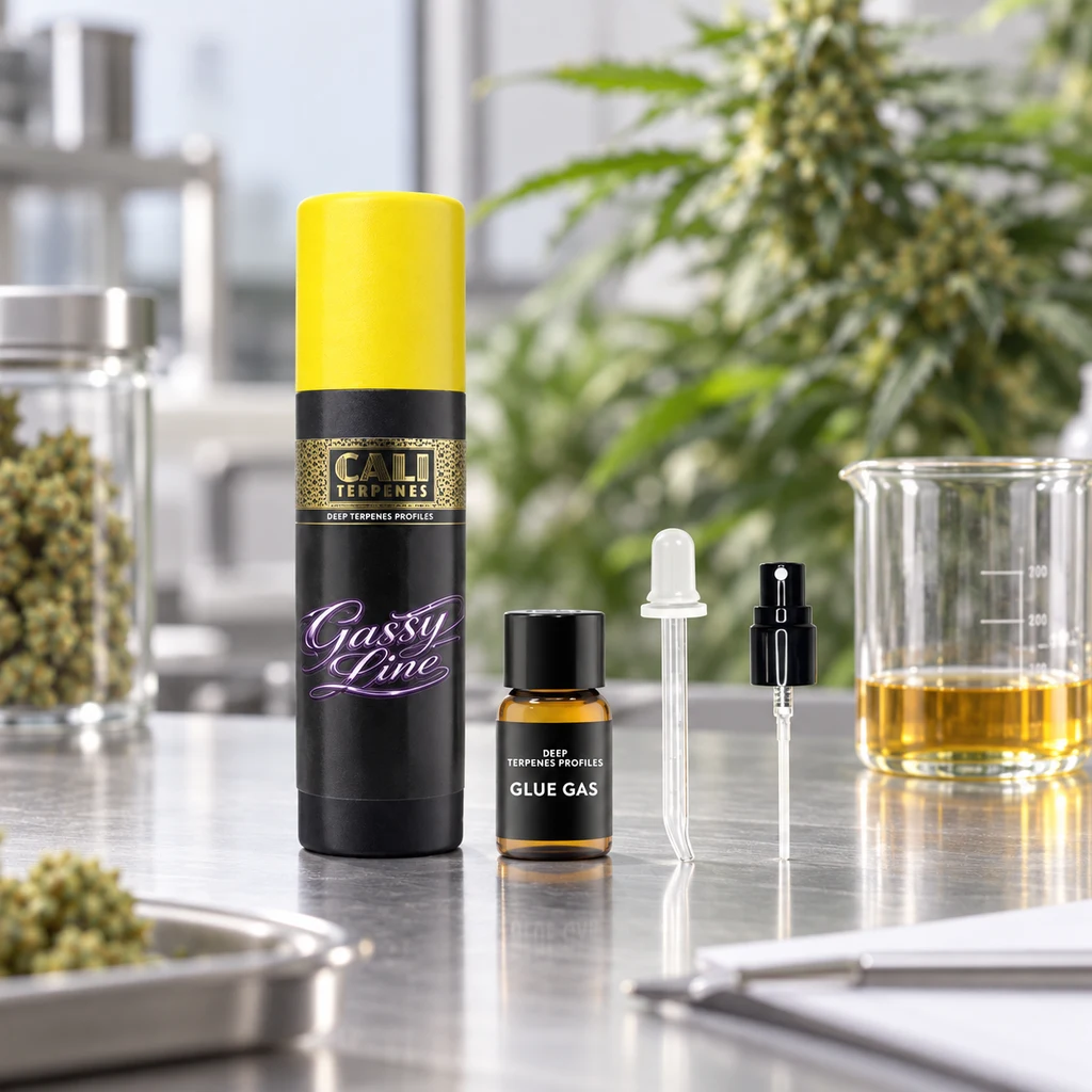 Frasco Cali Terpenes Glue Gas junto a un estuche cilíndrico con tapa amarilla, un cuentagotas y un pulverizador sobre una mesa de laboratorio.