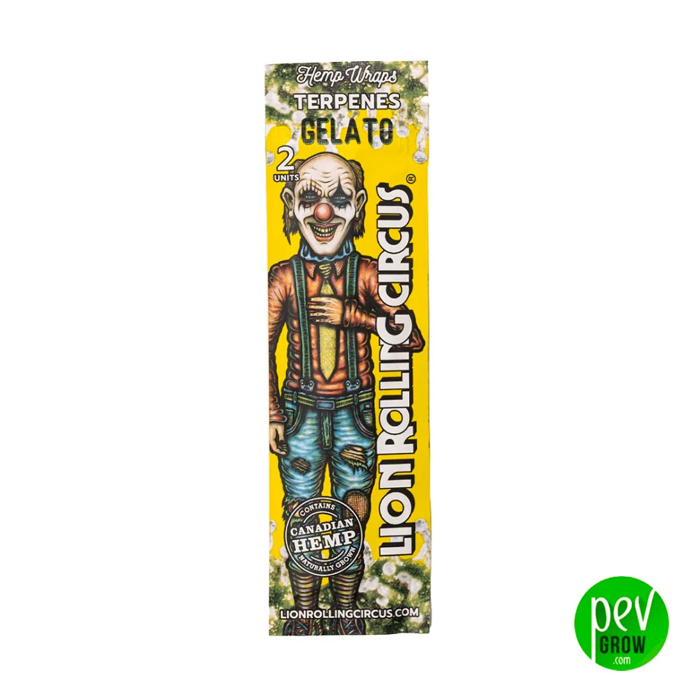 Envase amarillo de hojas de cáñamo Lion Rolling Circus Gelato con terpenos, ilustración de un payaso e indicación de dos unidades.
