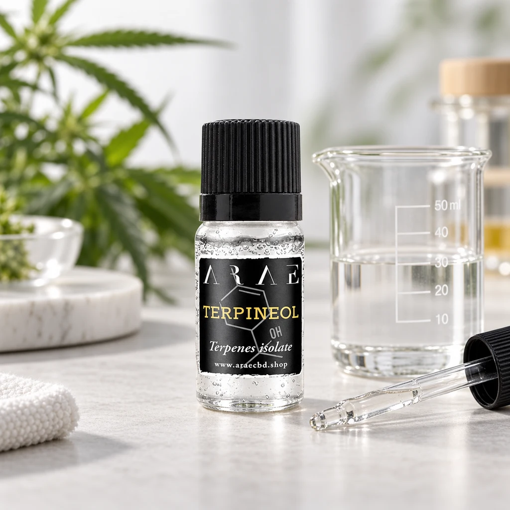 Frasco de Terpineol con tapón negro y etiqueta oscura, junto a una pipeta y un vaso graduado sobre una encimera clara.