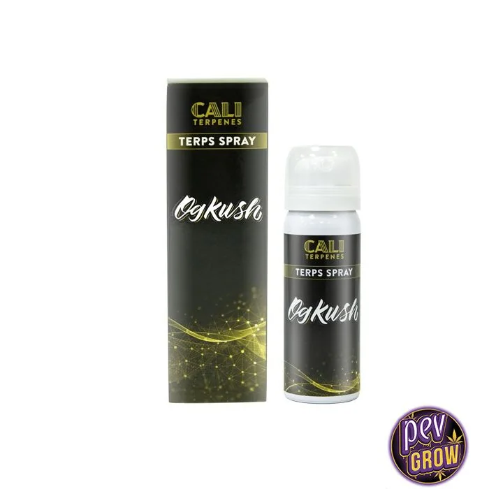Spray Cali Terpenes con tapón blanco junto a su caja negra y verde, ambos con la inscripción OG Kush, sobre fondo blanco.