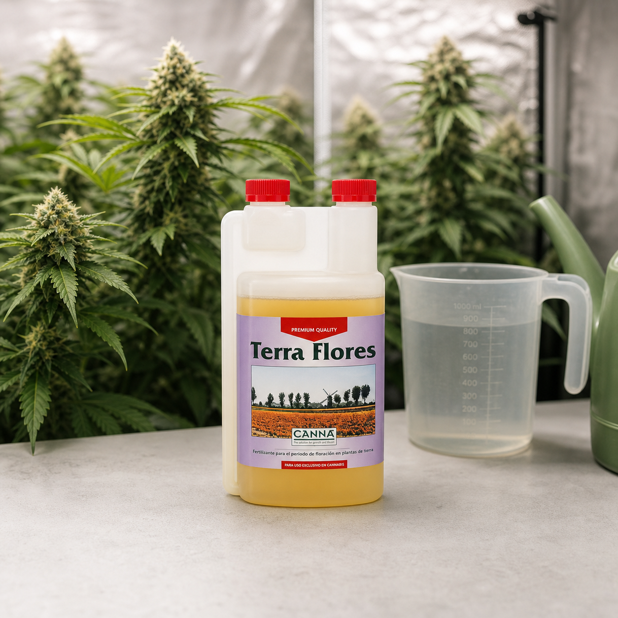 Envase de Canna Terra Flores con tapones rojos, junto a una jarra medidora y una regadera, con plantas de cannabis al fondo. Envase de Canna Terra Flores con tapones rojos, junto a una jarra medidora y una regadera, con plantas de cannabis al fondo.