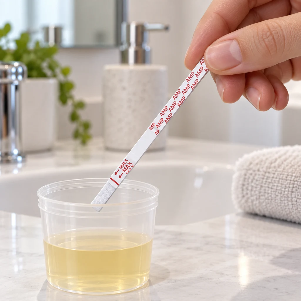 Una mano introduce una tira de prueba marcada con «AMP» y «MAX» en un recipiente con líquido amarillo junto a un lavabo.