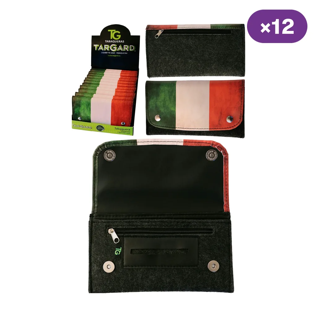 Bolsa TG para picadura con bandera italiana, mostrada abierta, cerrada y por detrás junto a su expositor y el indicativo de 12 unidades.