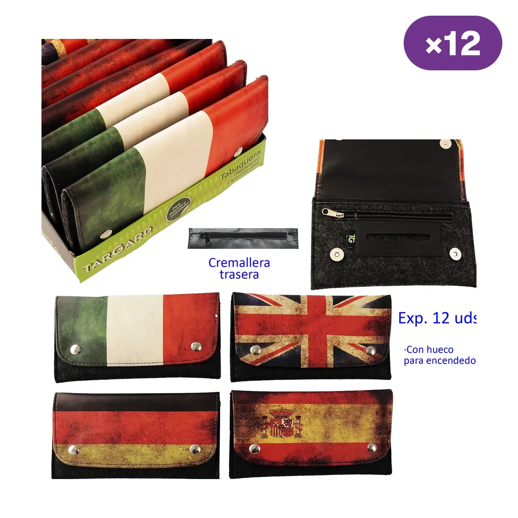 Selección de bolsas para picadura con banderas de Italia, Reino Unido, Alemania y España; una abierta muestra el interior y la cremallera trasera. Selección de bolsas para picadura con banderas de Italia, Reino Unido, Alemania y España; una abierta muestra el interior y la cremallera trasera.