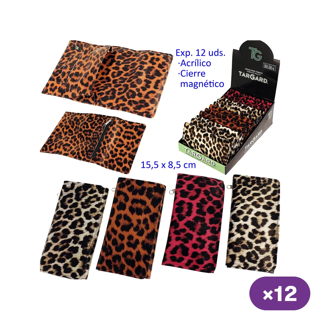 Bolsas para picadura TG con estampado de leopardo en distintos colores, vistas abiertas y cerradas junto a una caja expositora.