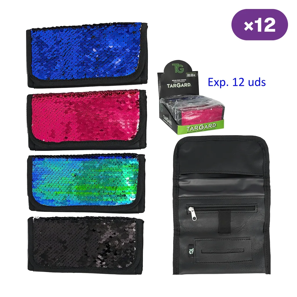 Bolsas TG Bling con lentejuelas azules, rosas, verdes y negras, junto a una vista abierta con cremallera y una caja expositora. Bolsas TG Bling con lentejuelas azules, rosas, verdes y negras, junto a una vista abierta con cremallera y una caja expositora.