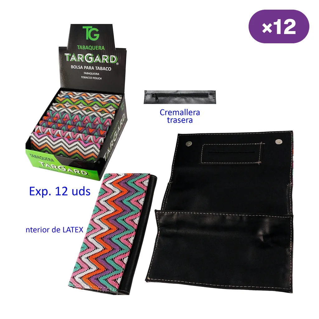 Expositor de 12 bolsas TG para picadura con patrones multicolores, una cerrada y otra abierta mostrando el interior negro y la cremallera trasera. Expositor de 12 bolsas TG para picadura con patrones multicolores, una cerrada y otra abierta mostrando el interior negro y la cremallera trasera.