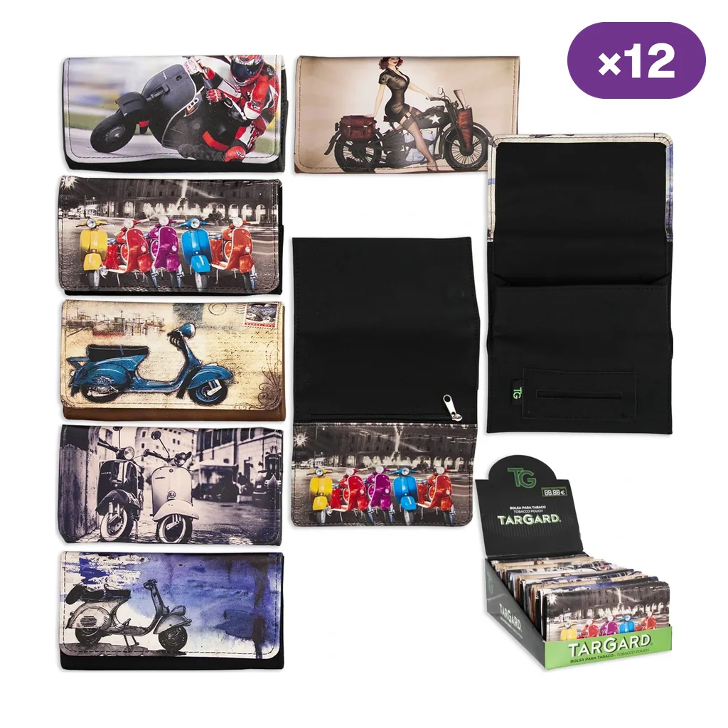 Bolsas TG para picadura con distintos diseños de motos y scooters, vistas abiertas y cerradas junto a un expositor y la indicación ×12.
